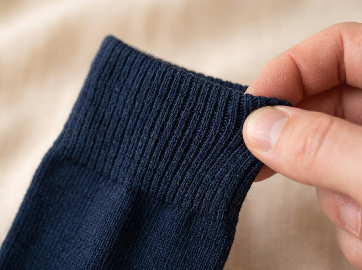Close-up of the soft, non-binding ribbed cuff of a navy Kilde mercerized cotton sock gently stretched between two fingers