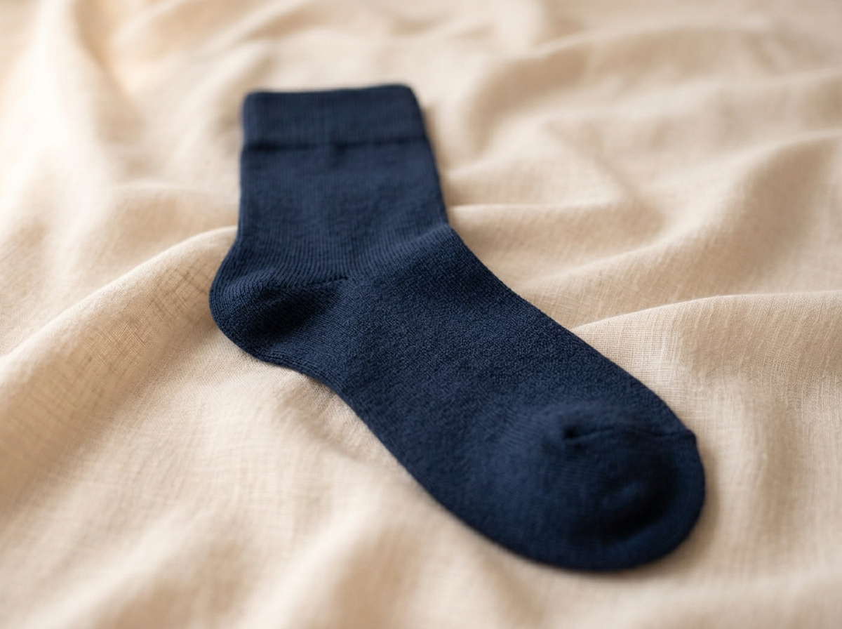 Naturally folded navy Kilde mercerized cotton sock on warm beige linen, showing the fine soft knit