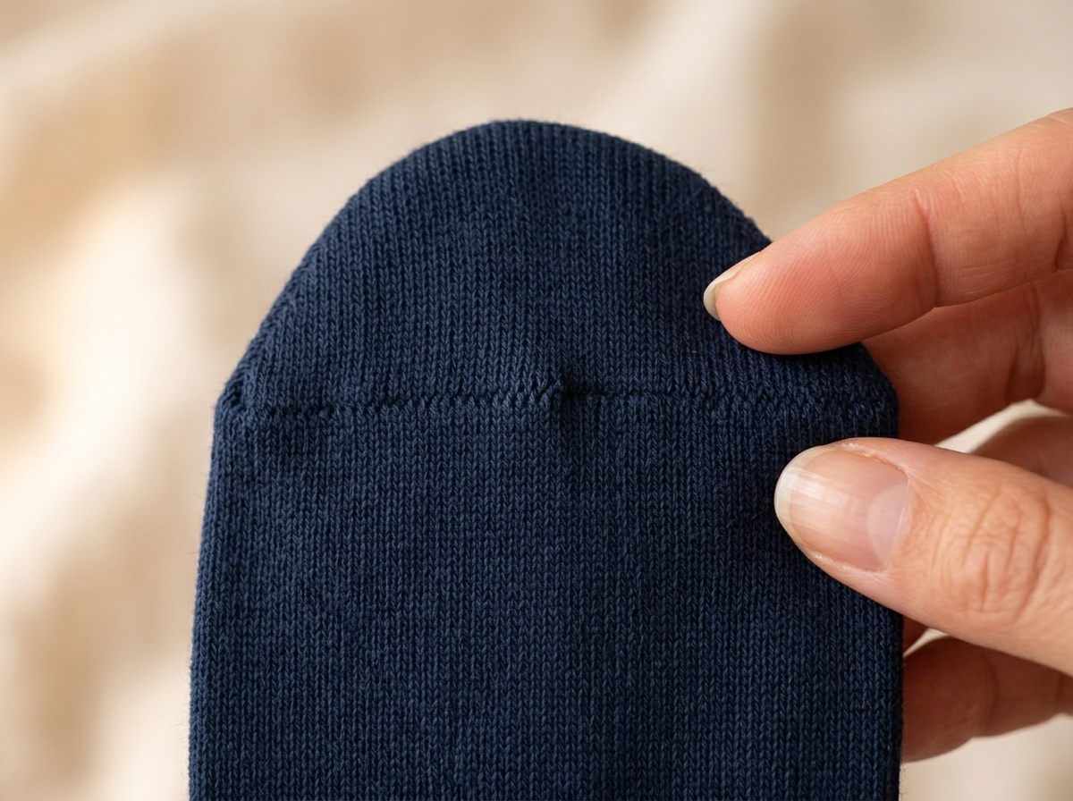 Macro close-up of the flat toe seam on a navy Kilde mercerized cotton sock held between two fingers